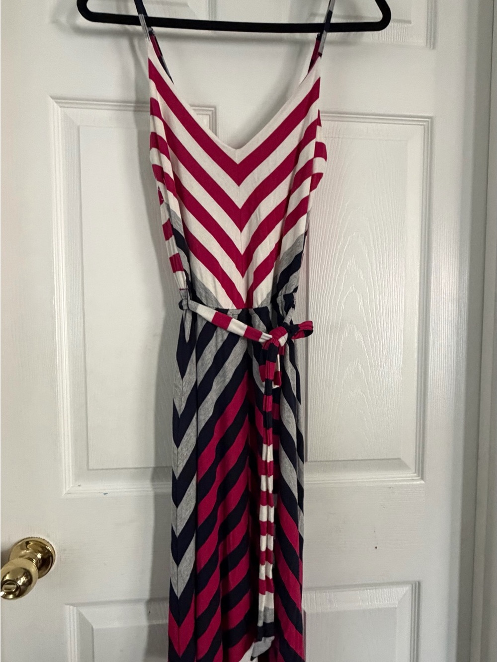 Red Haute Striped V-Neck Dress in Pink, Navy, Gray